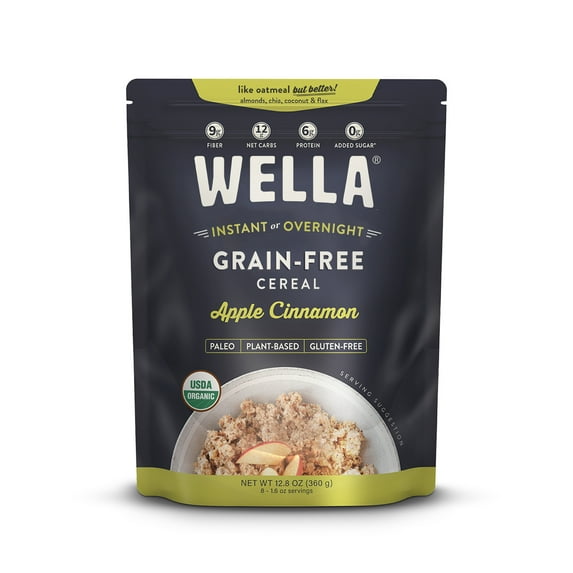 Wella Grain Free Cereal Oatmeal Alternative – Organic Cereal, Vegan High Protein Gluten Free Superfood – Paleo Plant-Based Non-GMO – Low in Net Carbs – Multi-Serve 12.8 oz. Pouch (Apple Cinnamon)