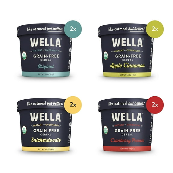 Wella Grain Free Cereal Oatmeal Alternative – Organic Cereal, Vegan High Protein Gluten Free Superfood – Paleo Plant-Based Non-GMO – Low in Net Carbs – Single-Serve 1.6 oz. Cup (Variety Pack)