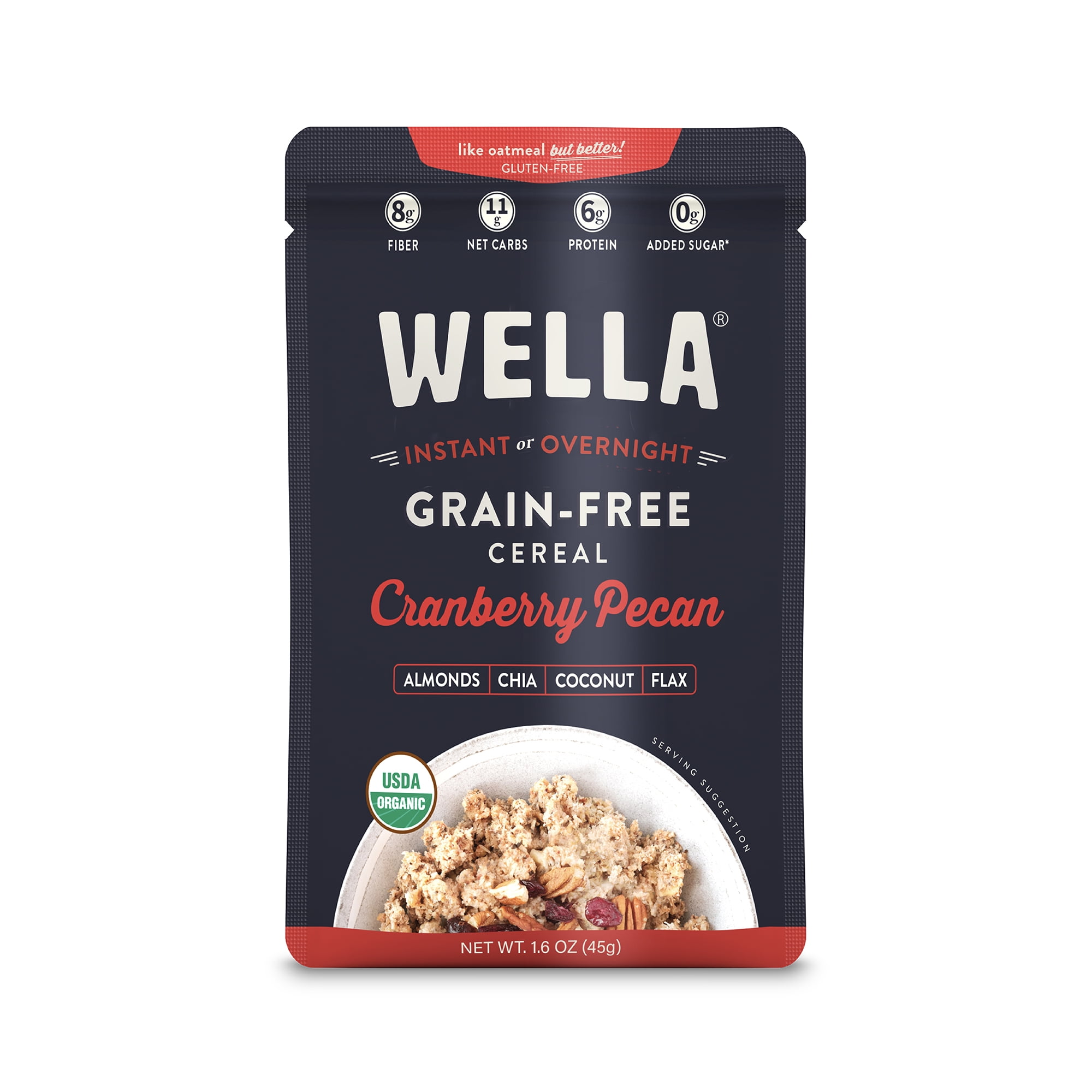 Wella Grain Free Cereal Oatmeal Alternative – Organic Cereal, Vegan High Protein Gluten Free Superfood – Paleo Plant-Based Non-GMO – Low in Net Carbs – Single-Serve 1.6 oz. - 10 Packets