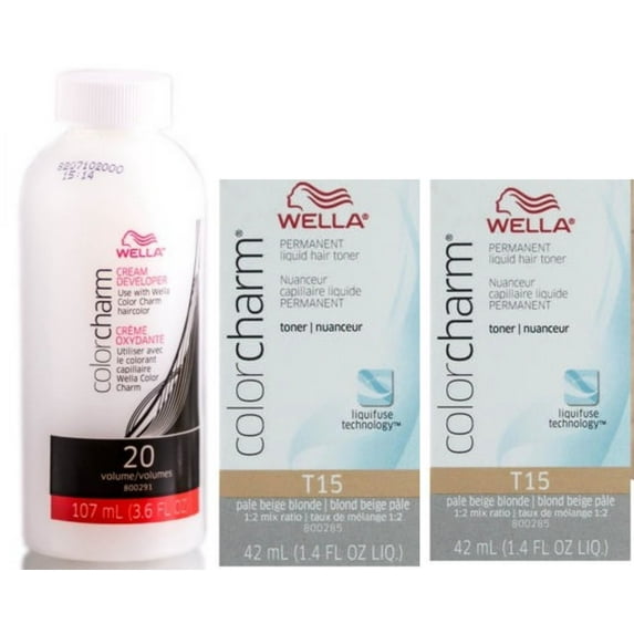 Wella Permanent Liquid Toner Color Charm in T15 ( QTY 2 ) with CC Creme 20 Volume Developer