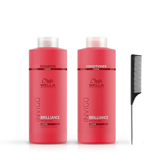 Wella Professionals Invigo Brilliance Shampoo & Conditioner Set For Coarse Hair, Color Protection & Color Vibrancy, Liter Sizes (with Free Tail Combs)