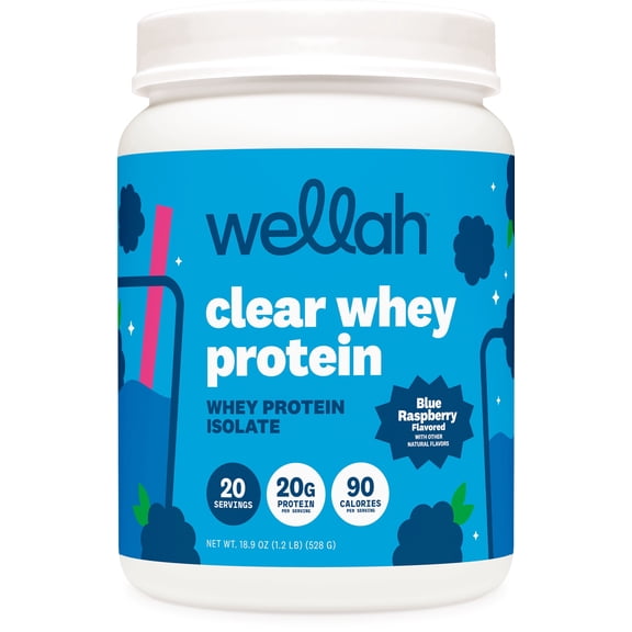 Wellah Clear Whey Protein Isolate Powder (Blue Raspberry) 20 Servings - 20g of Protein Per Serving, 90 Calories, Sweetened with Stevia
