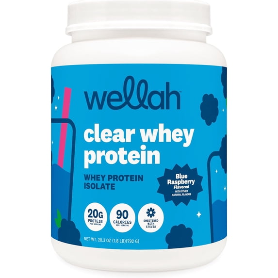 Wellah Clear Whey Protein Isolate Powder (Blue Raspberry) 30 Servings - 20g of Protein, 90 Calories, Sweetened with Stevia