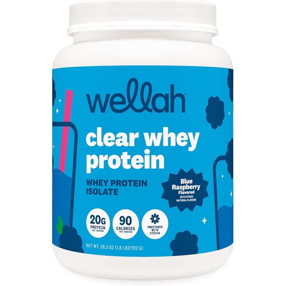Wellah Clear Whey Protein Isolate Powder (Blue Raspberry) 30 Servings - 20g of Protein, 90 Calories, Sweetened with Stevia
