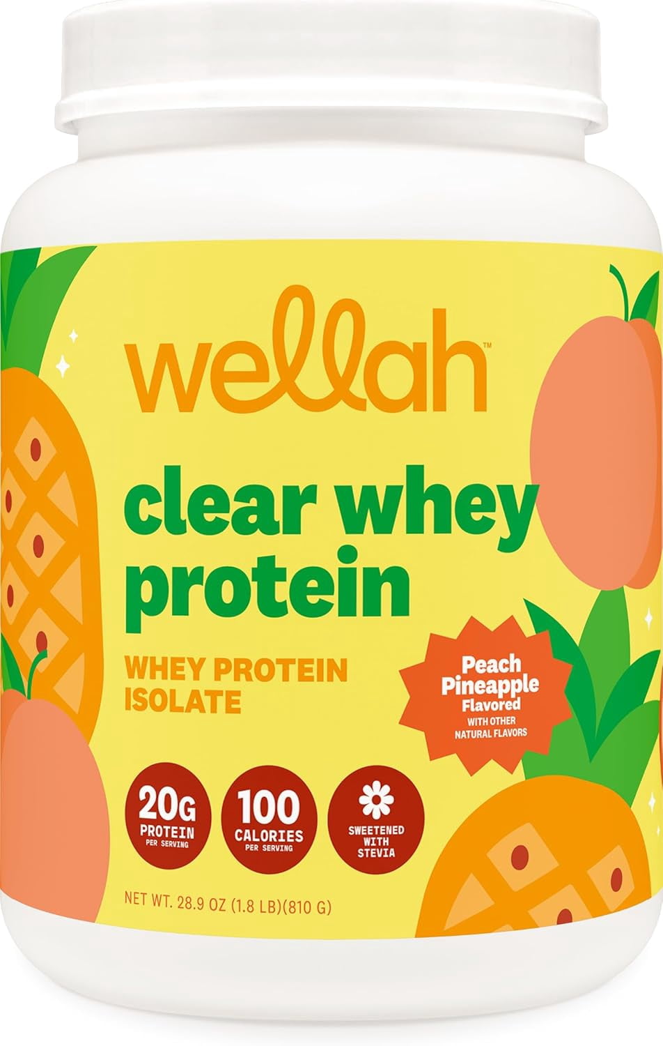 Wellah Clear Whey Protein Isolate Powder (Peach Pineapple) 30 Servings - 20g of Protein, 100 Calories, Sweetened with Stevia