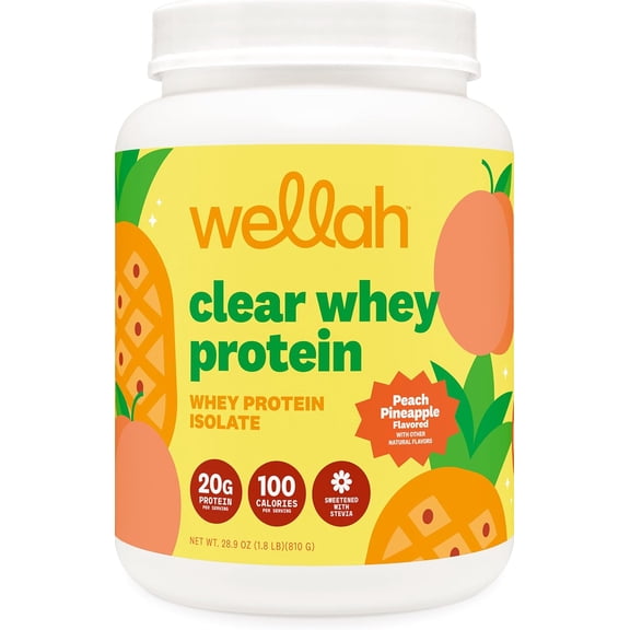 Wellah Clear Whey Protein Isolate Powder (Peach Pineapple) 30 Servings - 20g of Protein, 100 Calories, Sweetened with Stevia