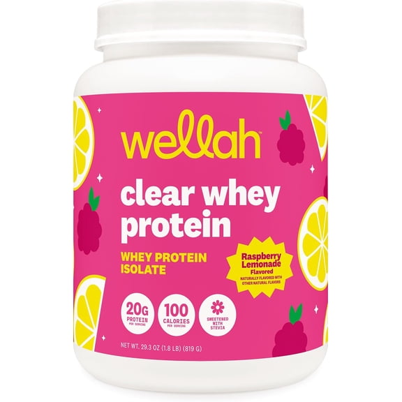 Wellah Clear Whey Protein Isolate Powder (Raspberry Lemonade) 30 Servings - 20g of Protein, 100 Calories, Sweetened with Stevia