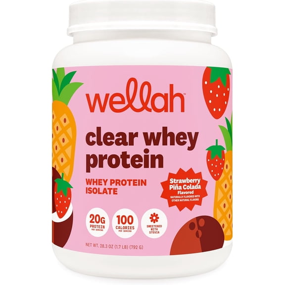 Wellah Clear Whey Protein Isolate Powder (Strawberry Pia Colada) 30 Servings - 20g of Protein, 100 Calories, Sweetened with Stevia