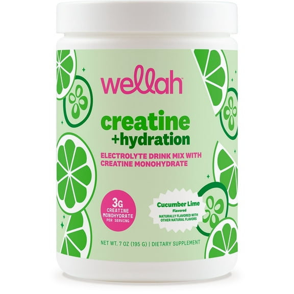 Wellah Creatine + Hydration Powder (Cucumber Lime) 30 Servings - Electrolyte Drink Mix with 3g of Creatine Monohydrate