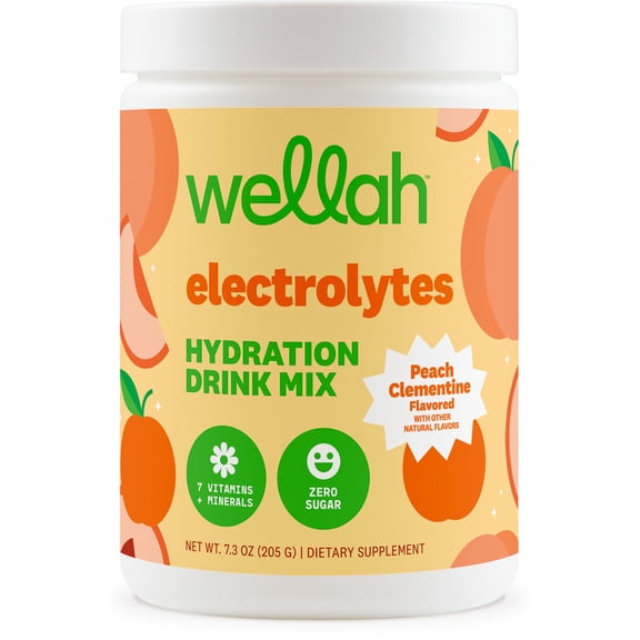 Wellah Electrolytes Powder (Peach Clementine) 50 Servings - Hydration Drink Mix, 7 Vitamins & Minerals, Zero Sugar