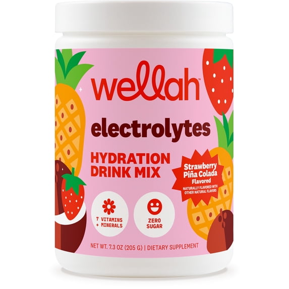 Wellah Electrolytes Powder (Strawberry Pina Colada) 50 Servings - Hydration Drink Mix, 7 Vitamins & Minerals, Zero Sugar