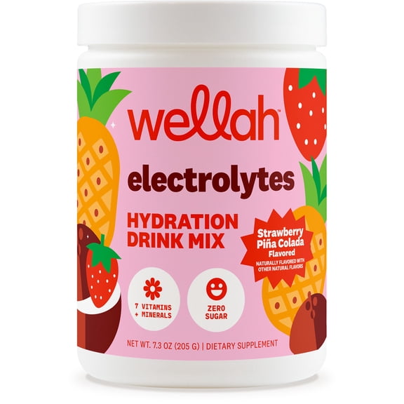Wellah Electrolytes Powder (Strawberry Pina Colada) 50 Servings - Hydration Drink Mix, 7 Vitamins & Minerals, Zero Sugar