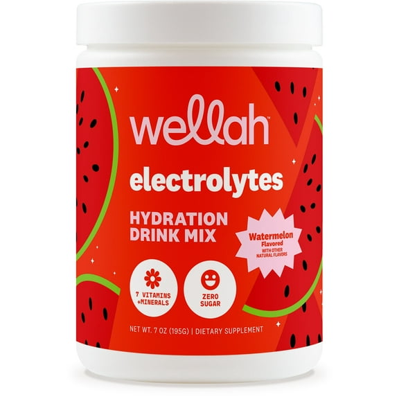 Wellah Electrolytes Powder (Watermelon) 50 Servings - Hydration Drink Mix, 7 Vitamins & Minerals, Zero Sugar