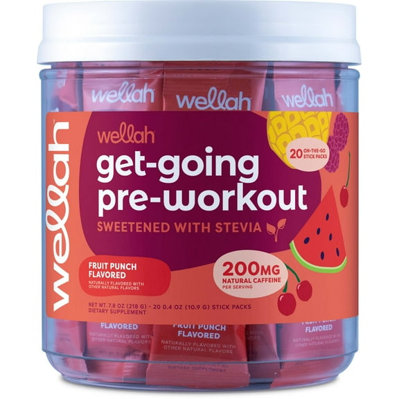 Wellah Get-Going Fruit Punch Flavored Pre-Workout Stickpacks (20 servings)