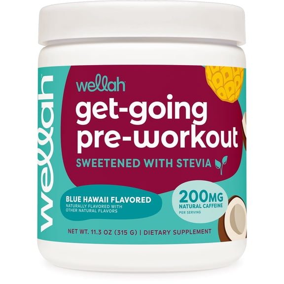 Wellah Pre-Workout Drink Mix (Blue Hawaii Flavored, 30 Servings) - with Citrulline Malate and L-Theanine, 200mg of Natural Caffeine & 1000mg of Beta-Alanine