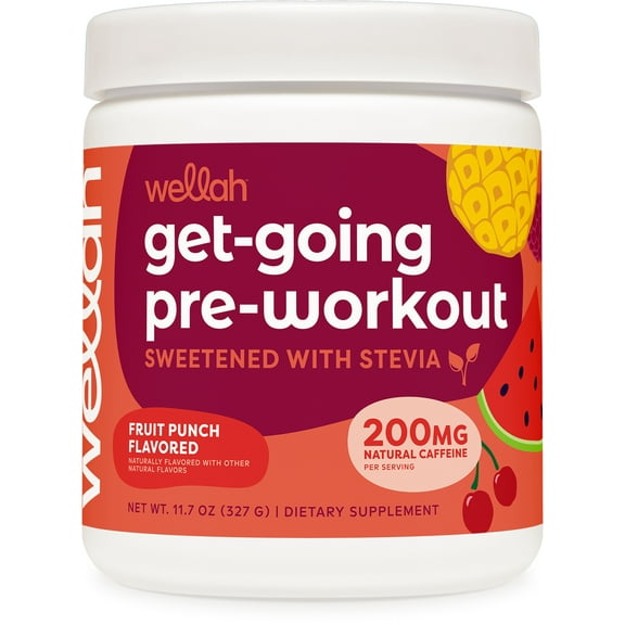 Wellah Get-Going Pre-Workout Drink Mix (Fruit Punch) 200mg Natural Caffeine Per Serving (30 Servings) - Sweetened With Stevia
