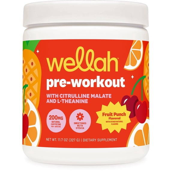 Wellah Pre-Workout Drink Mix (Fruit Punch) 200mg Natural Caffeine Per Serving (30 Servings) - with Citrulline Malate and L-Theanine, 200mg of Natural Caffeine & 1000mg of Beta-Alanine