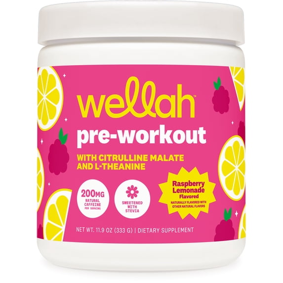 Wellah Pre-Workout Drink Mix (Raspberry Lemonade Flavored, 30 Servings) - with Citrulline Malate and L-Theanine, 200mg of Natural Caffeine & 1000mg of Beta-Alanine