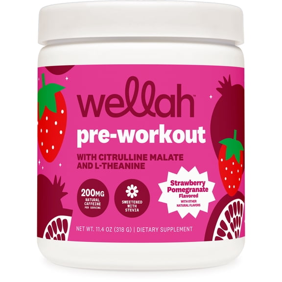 Wellah Pre-Workout Drink Mix (Strawberry Pomegranate Flavored, 30 Servings) - with Citrulline Malate and L-Theanine, 200mg of Natural Caffeine & 1000mg of Beta-Alanine
