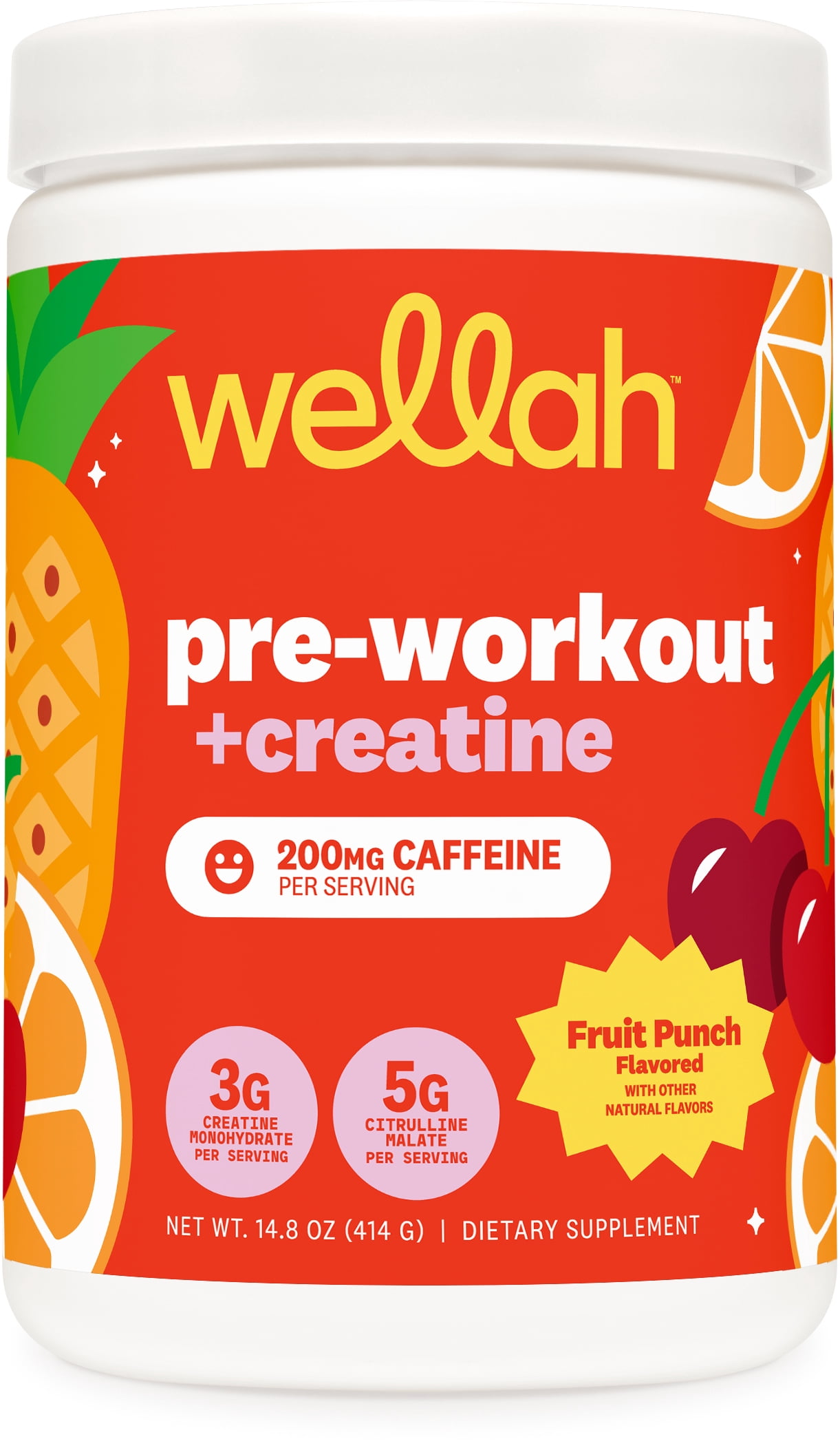 Wellah Pre-Workout + Creatine Powder (30 Servings) Fruit Punch - 200mg Caffeine, 3g Creatine Monohydrate, 5g Citrulline Malate, Pre-Workout with Creatine Supplement