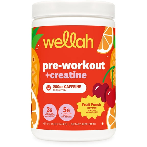 Wellah Pre-Workout + Creatine Powder (30 Servings) Fruit Punch - 200mg Caffeine, 3g Creatine Monohydrate, 5g Citrulline Malate, Pre-Workout with Creatine Supplement