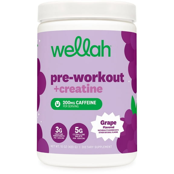 Wellah Pre-Workout + Creatine Powder (30 Servings) Grape - 200mg Caffeine, 3g Creatine Monohydrate, 5g Citrulline Malate, Pre-Workout with Creatine Supplement