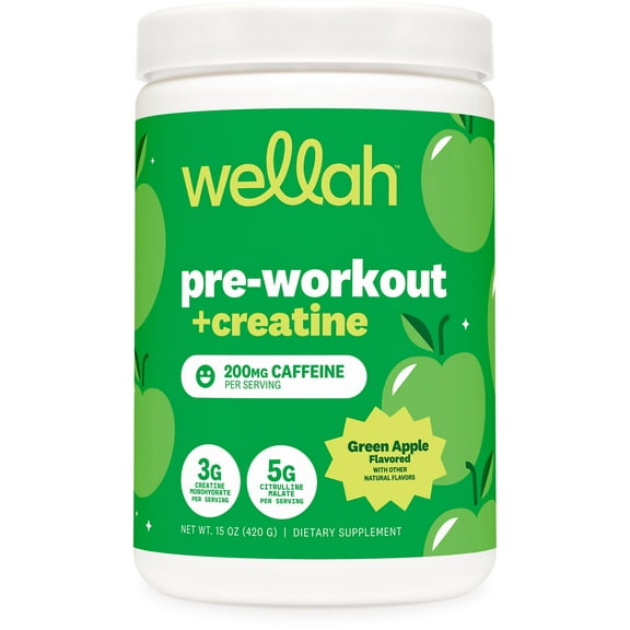 Wellah Pre-Workout + Creatine Powder (30 Servings) Green Apple - 200mg Caffeine, 3g Creatine Monohydrate, 5g Citrulline Malate, Pre-Workout with Creatine Supplement