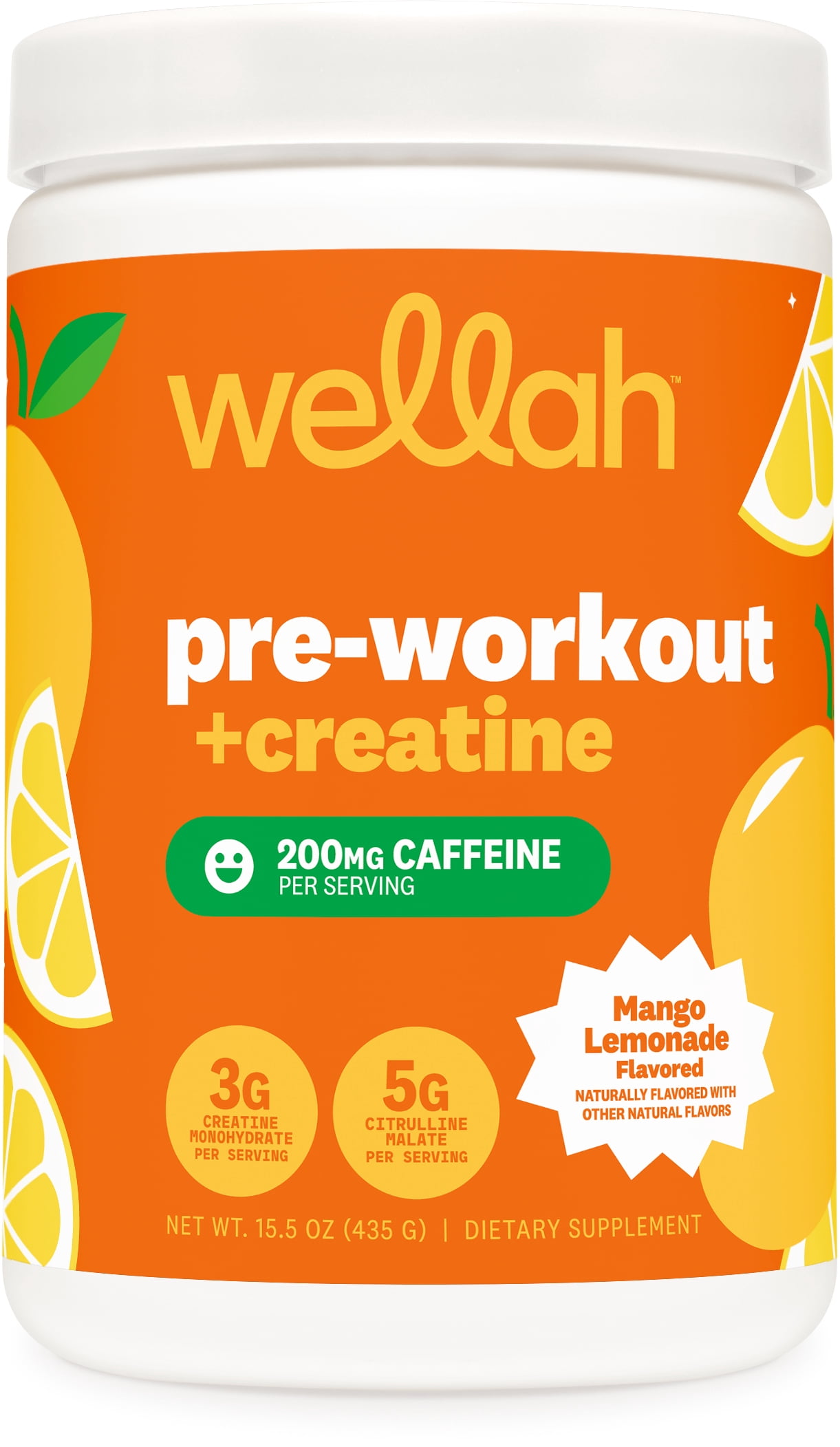Wellah Pre-Workout + Creatine Powder (30 Servings) Mango Lemonade - 200mg Caffeine, 3g Creatine Monohydrate, 5g Citrulline Malate, Pre-Workout with Creatine Supplement