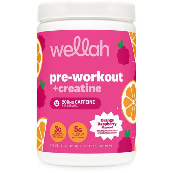 Wellah Pre-Workout + Creatine Powder (30 Servings) Orange Raspberry - 200mg Caffeine, 3g Creatine Monohydrate, 5g Citrulline Malate, Pre-Workout with Creatine Supplement