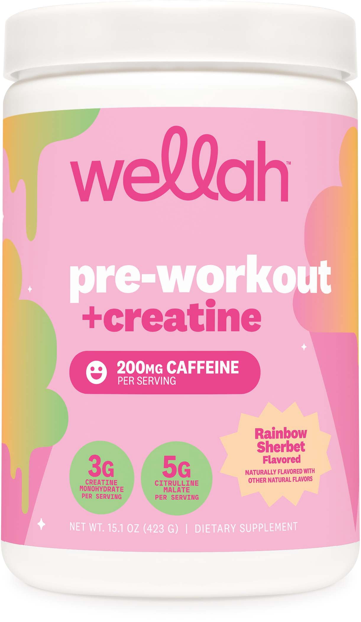 Wellah Pre-Workout + Creatine Powder (30 Servings) Rainbow Sherbert - 200mg Caffeine, 3g Creatine Monohydrate, 5g Citrulline Malate, Pre-Workout with Creatine Supplement