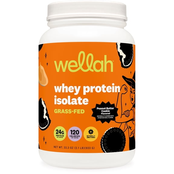 Wellah Grass-Fed Whey Protein Isolate Powder (Peanut Butter Cookie) 30 Servings - 24g of Protein, 120 Calories Per Serving, Naturally Sweetened