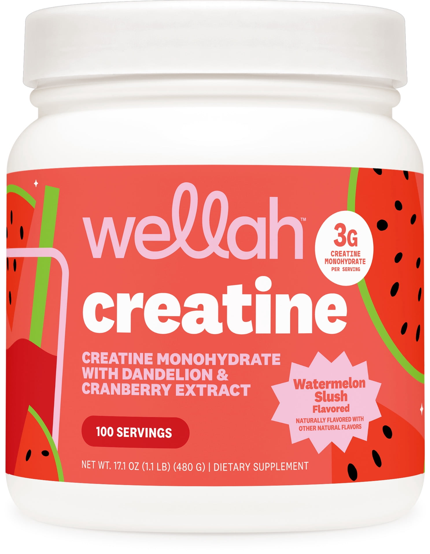 Wellah Creatine for Women (100 Servings, Watermelon Slush) - Creatine Monohydrate with Dandelion & Cranberry Extract