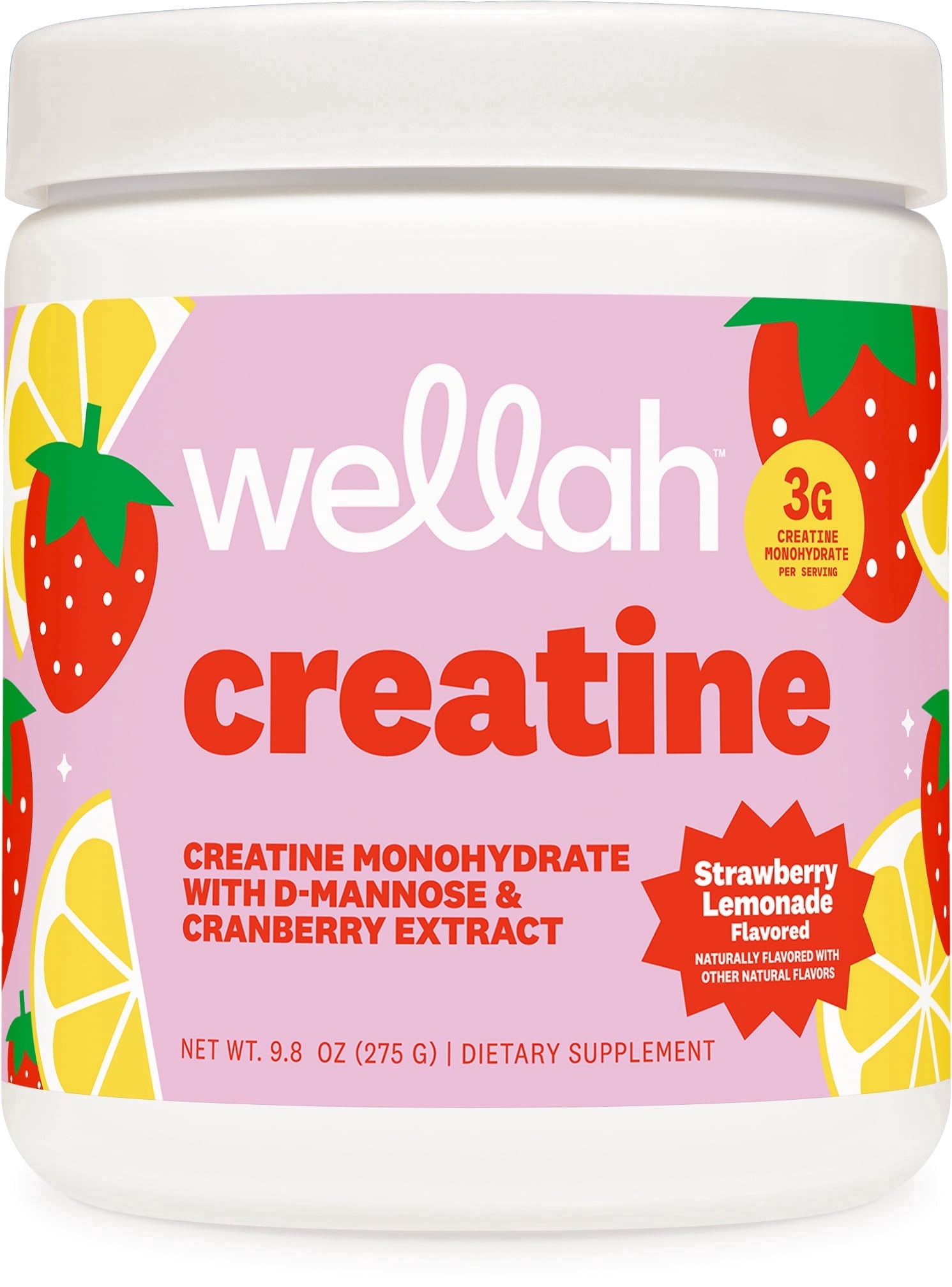 Wellah Creatina para Mujeres - Creatina Monohidratada con Extracto de Diente de León y Arándano (50 porciones, Limonada de Fresa)