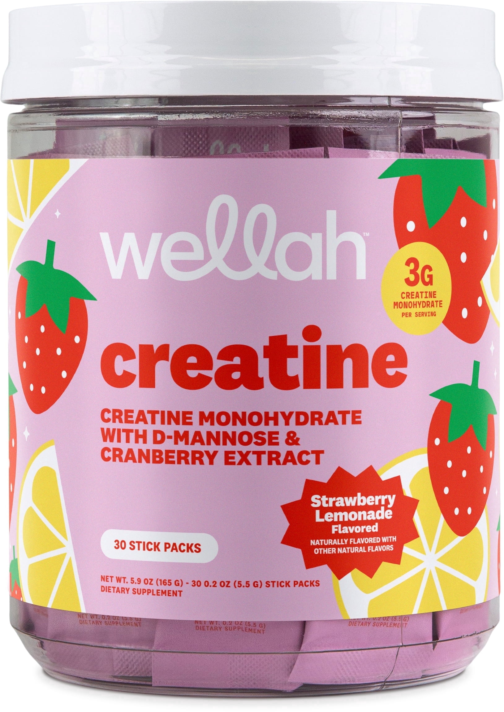 Wellah Creatine For Women (Strawberry Lemonade) 30 Stick Packs - 3g of Creatine Monohydrate with D-Mannose & Cranberry Extract, To-Go Packets