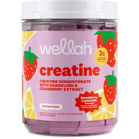 Wellah Pump-It-Up Creatine For Women (Strawberry Lemonade) 30 Stick Packs - 3g of Creatine Monohydrate with Dandelion, Uva Ursi, & Cranberry Extract, To-Go Packets