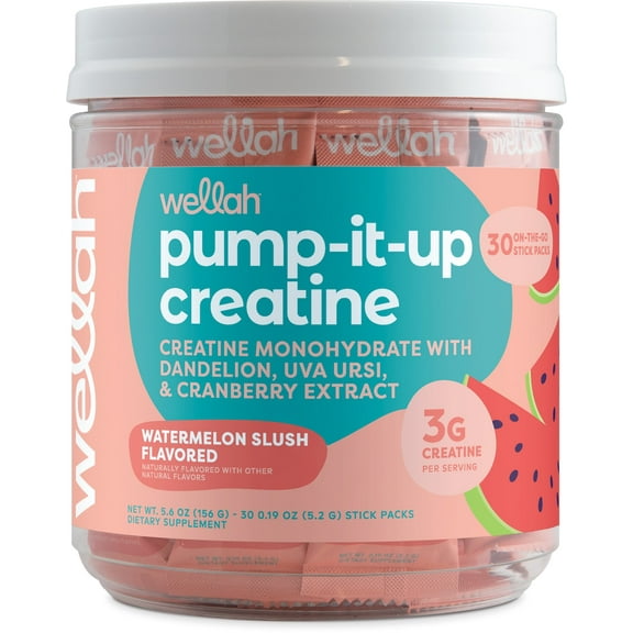 Wellah Pump-It-Up Creatine For Women (Watermelon Slush) 30 Stick Packs - 3g of Creatine Monohydrate with Dandelion, Uva Ursi, & Cranberry Extract, To-Go Packets