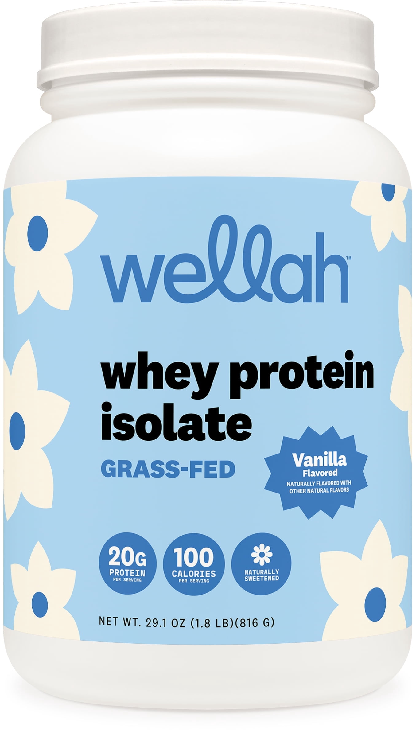 Wellah Grass-Fed Whey Protein Isolate (Vanilla) 30 Servings - 20g of Protein, 100 Calories, Naturally Sweetened
