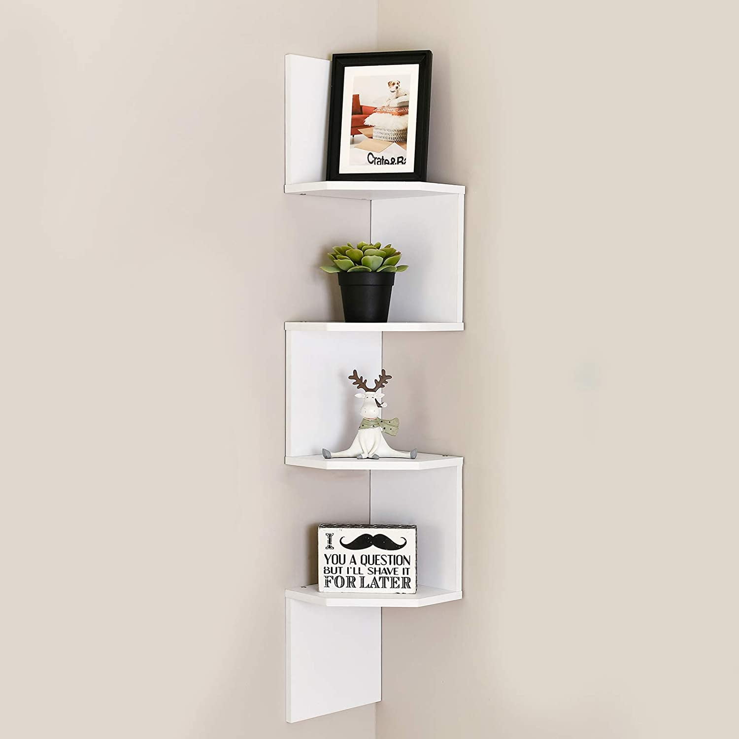 White MDF Zig-Zag Floating Corner Shelves, 4-Tier Wall Mounted