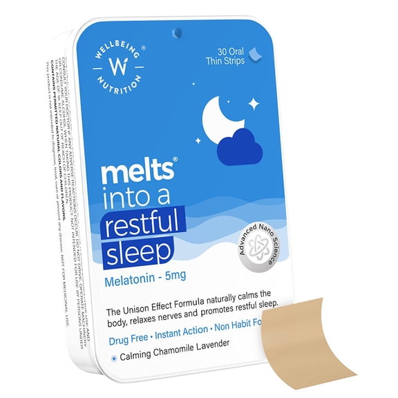 Wellbeing Nutrition Melts Restful Sleep, Plant Based Melatonin 5mg with Himalayan Tagara, Passion Flower, GABA, L-Theanine, Chamomile for Natural Sleep cycle, Jet Lag (30 Oral Strips)