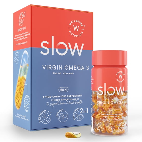 Wellbeing Nutrition Slow 3x Strength Omega 3 Fish Oil Capsules | 1500mg with EPA 612mg, DHA 408mg Curcumin for Men Women | No Fishy Burp | For Brain, Heart, Joint Health, 60 Softgels