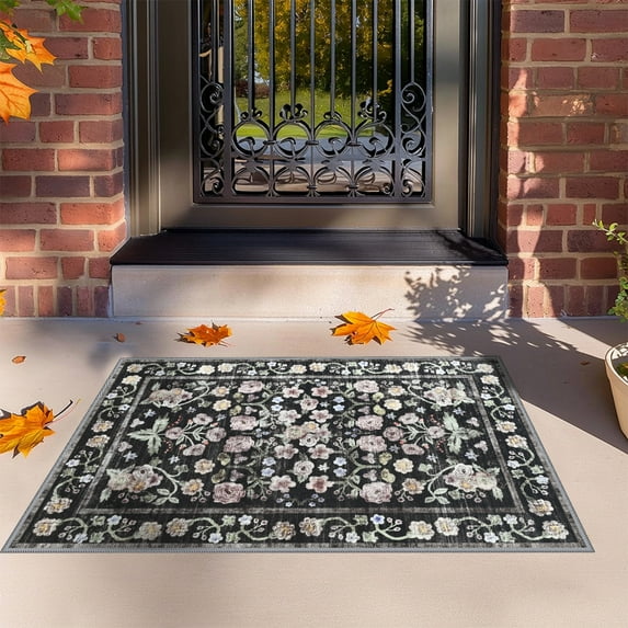 Wellber Area Rug Soft Vintage Floral Rugs Non Slip Carpet for Bedroom Living Room Home Deocr,2'x3',Black