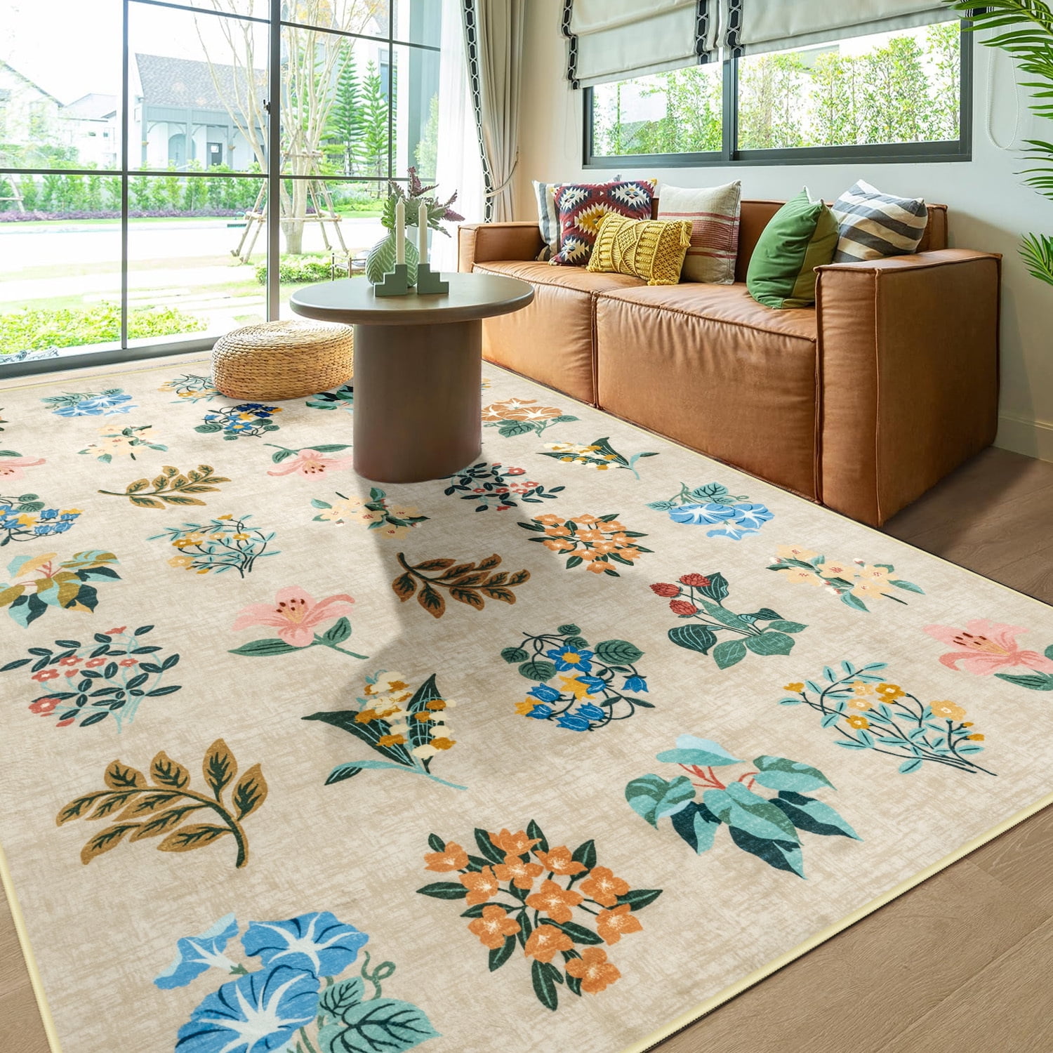 Wellber Area Rug Soft Vintage Floral Rugs Non Slip Carpet for Bedroom Living Room Home Deocr,4'x6',Beige