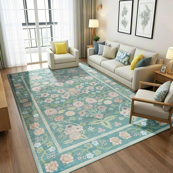 Wellber Area Rug Soft Vintage Floral Rugs Non Slip Carpet for Bedroom Living Room Home Deocr,4'x6',Blue
