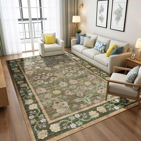 Wellber Area Rug Soft Vintage Floral Rugs Non Slip Carpet for Bedroom Living Room Home Deocr,5'x8',Coffee