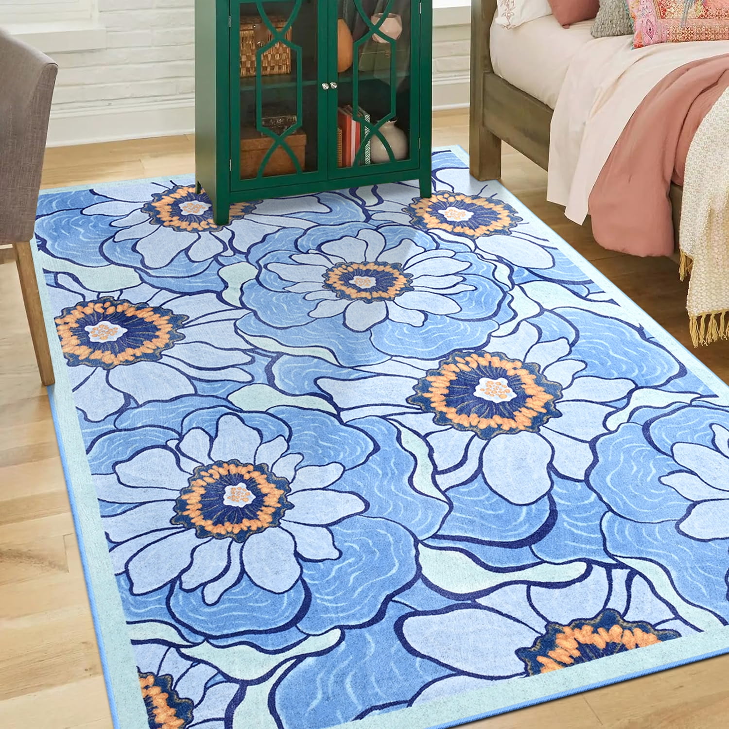Wellber Area Rug Soft Vintage Floral Rugs Non Slip Carpet for Bedroom Living Room Home Deocr,6'x9',Blue