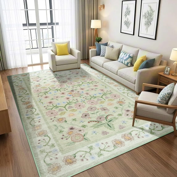 Wellber Area Rug Soft Vintage Floral Rugs Non Slip Carpet for Bedroom Living Room Home Deocr,6'x9',Green