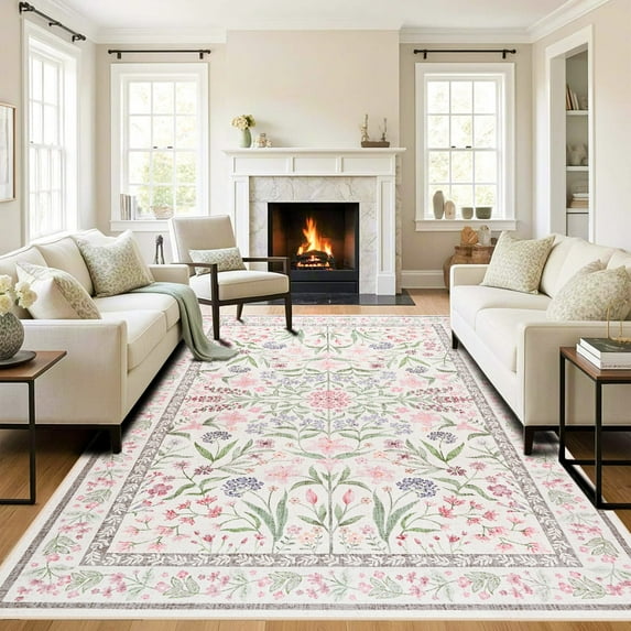 Wellber Area Rug Soft Vintage Floral Rugs Non Slip Carpet for Bedroom Living Room Home Deocr,6'x9',Pink