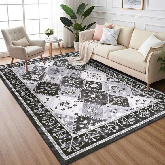 Wellber Boho Area Rug Wellber Moroccan Rugs Washable Carpet for Bedroom Living Room Home Decor,6'x9',Black Gray