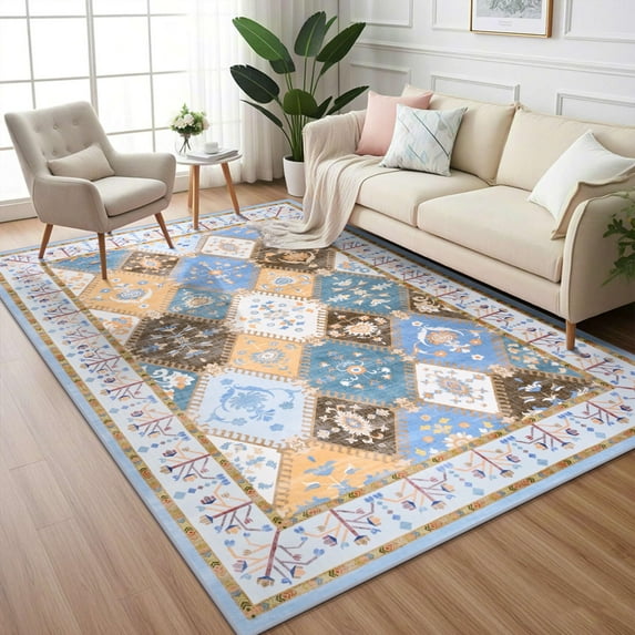 Wellber Boho Area Rug Wellber Moroccan Rugs Washable Carpet for Bedroom Living Room Home Decor,6'x9',Blue
