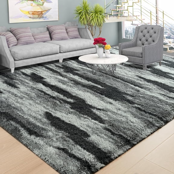 Wellber Shag Rugs Fluffy Tie-Dyed Area Rug for Bedroom Living Room Carpet Home Decor,4'x6',Black